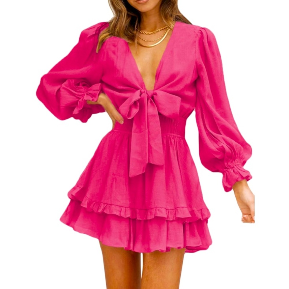 Front Tie V-Neck Ruffle Skater Dress
